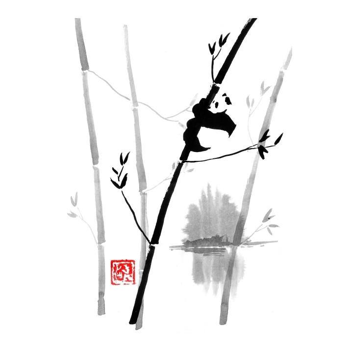 panda climbing on a bamboo