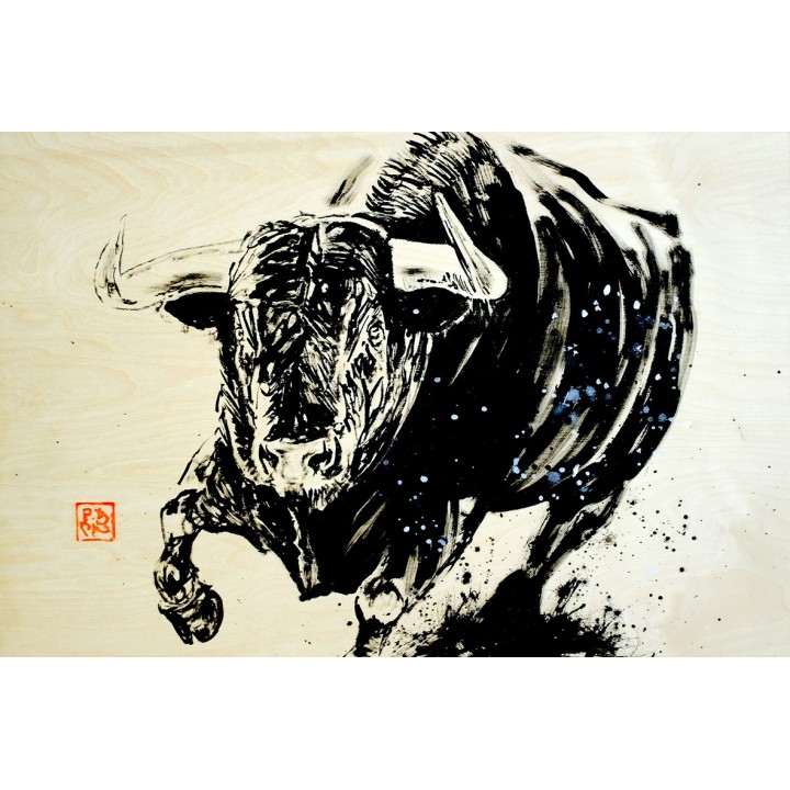 running bull on wood